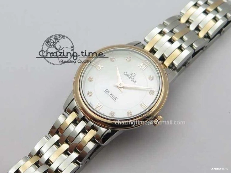 0426 De Ville 27mm SS RG Ladies MK 1:1 Best Edition White MOP Dial Diamond Markers On SS Bracelet Ronda Quartz Chic 8198